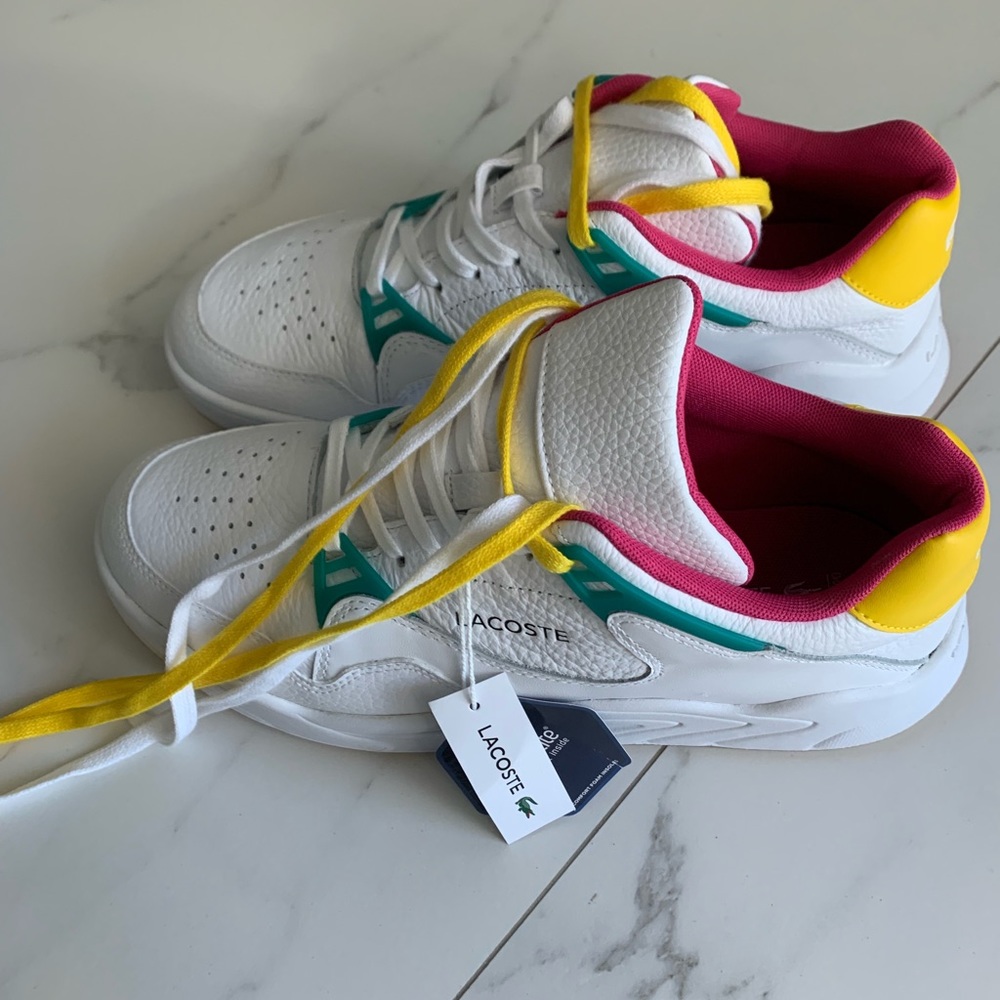 Lacoste white & yellow court slam trainers
